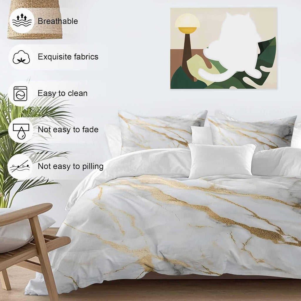 Prime Leader Gray Gold Marble Duvet Cover Set Queen Size 4 Pieces Modern Abstract Luxury Ink Texture Bedding Set with Zipper Closure, 1 Comforter Cover 86x86 Inches 1 Flat Sheet & 2 Pillow Cases