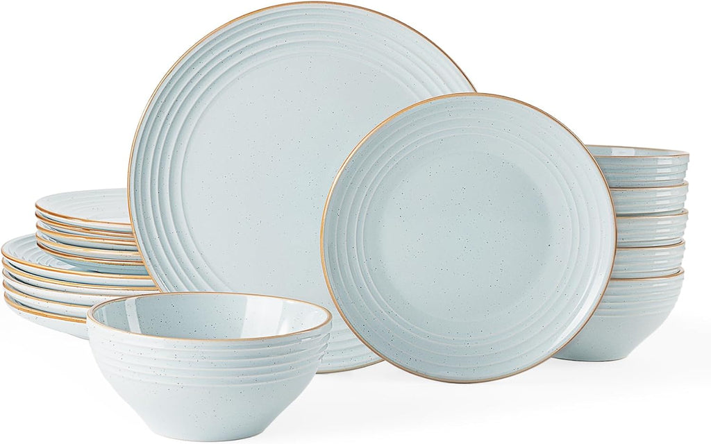 Famiware Jupiter 18-Piece Stoneware Dinnerware Sets for 6 – Handcrafted Plates and Bowls with Speckles & Embossed Swirls, Chip & Scratch Resistant, Modern Rustic Dishes for Daily & Formal Use, Blue