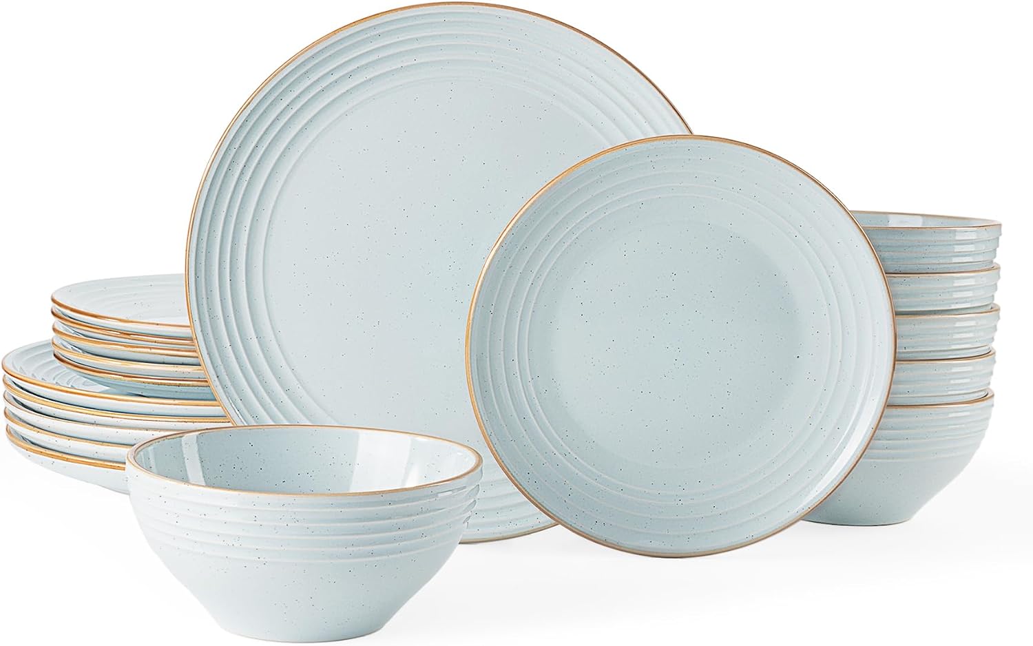 Famiware Jupiter 18-Piece Stoneware Dinnerware Sets for 6 – Handcrafted Plates and Bowls with Speckles & Embossed Swirls, Chip & Scratch Resistant, Modern Rustic Dishes for Daily & Formal Use, Blue