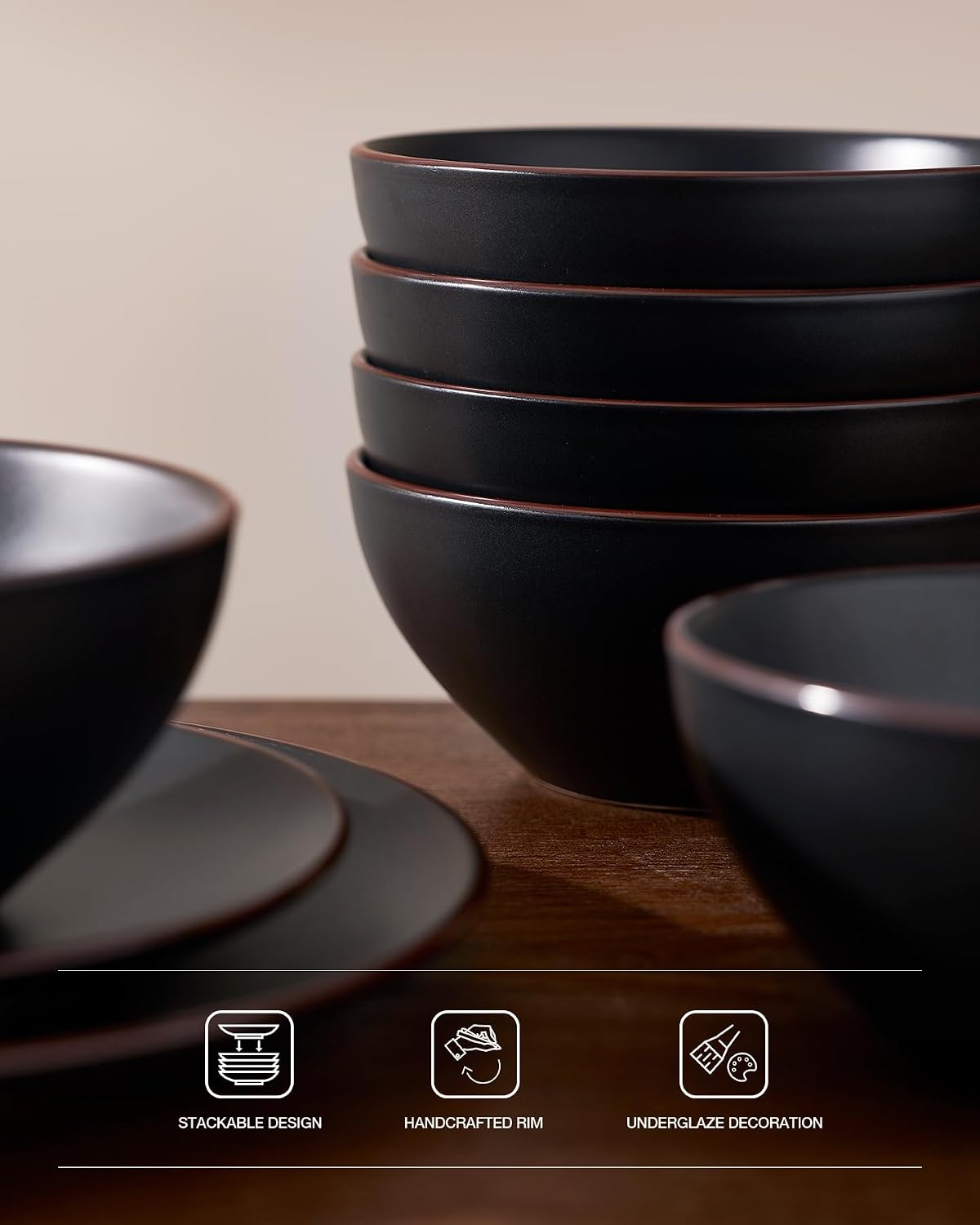 Famiware Venus 24-Piece Stoneware Dinnerware Sets with Mugs, Plates, Bowls, Service for 6, Matte Black - Modern Ceramic Chip‑Resistant Dishes for Everyday & Formal Use, Microwave & Dishwasher Safe