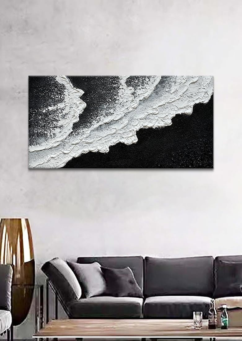 Black and White Beach Wave Textured Wall Art 3D Oil Painting Hand Painted Abstract Large Canvas Framed 29x58 Inch Acrylic Painting