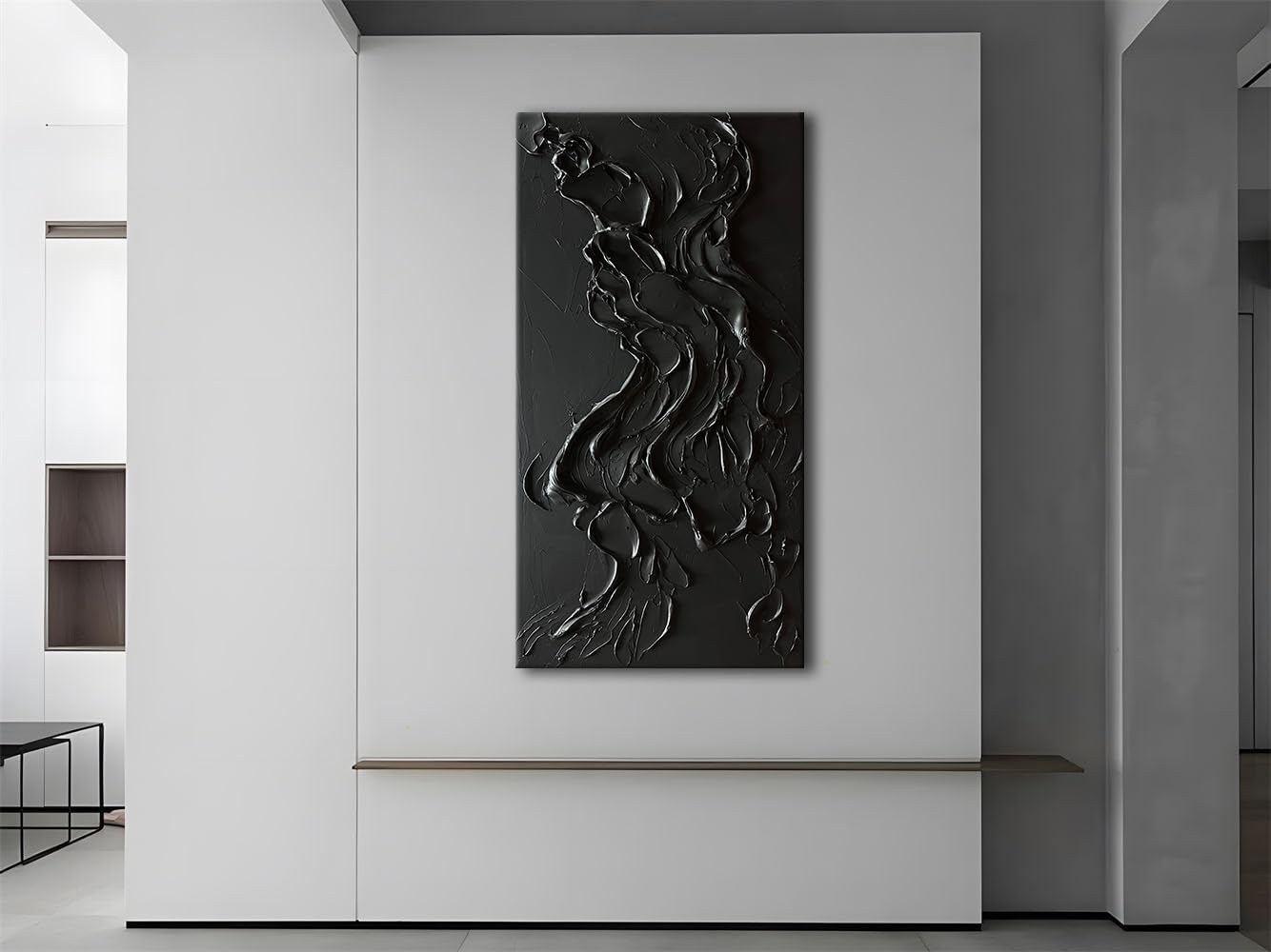 zoinart 100% Hand Painted Thick Texture Black Wall Art Minimalist Oil Painting Contemporary Art 24x48 Inches Oil on Canvas Black Texturd Wall Art Home Decoration
