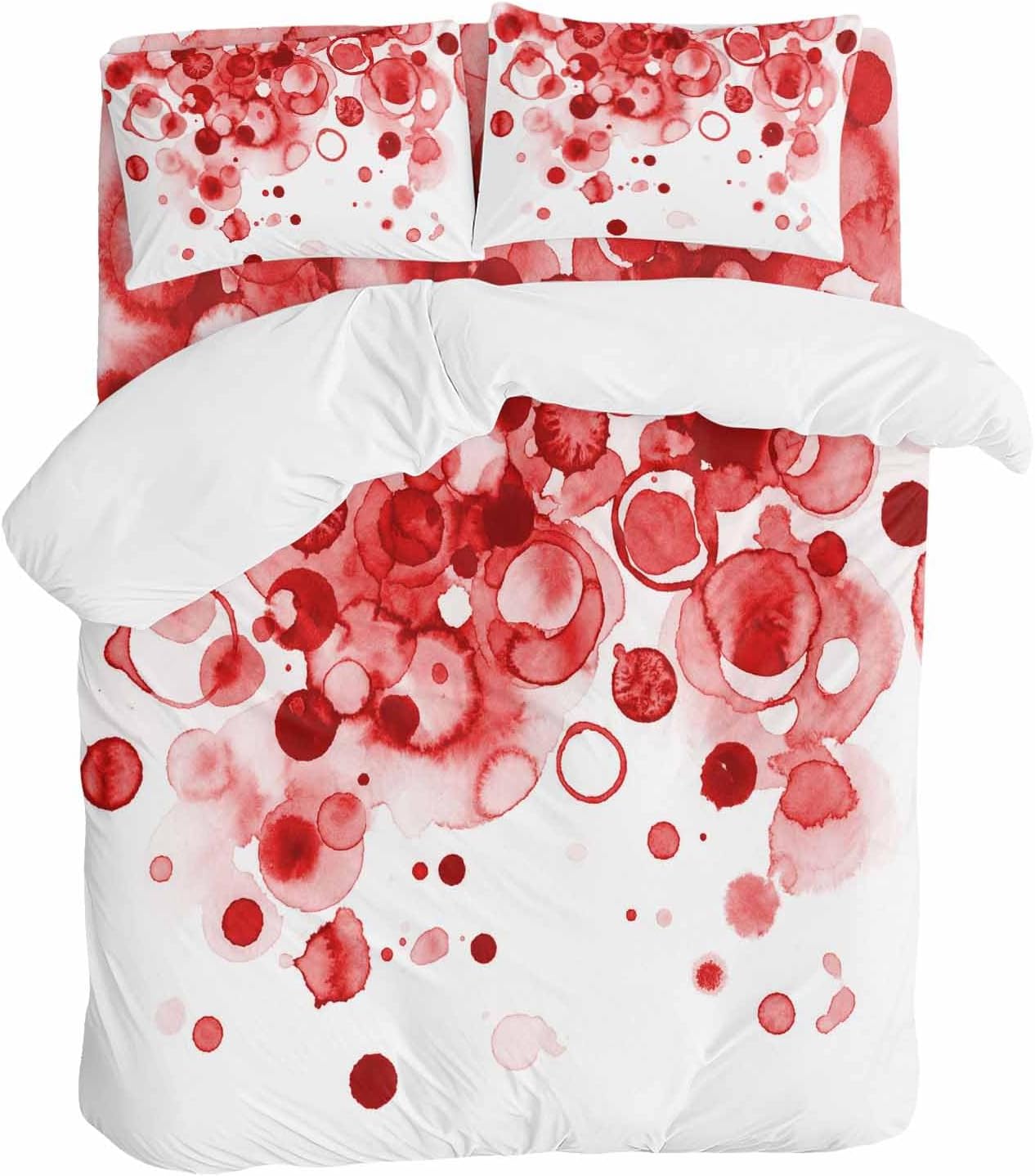 Abstract Duvet Cover Set Queen Size 4 Pieces Red Gradient Watercolors Ink Points Minimalist Style Bedding Set with Zipper Closure, 1 Comforter Cover 86x86 Inches 1 Flat Sheet & 2 Pillow Cases