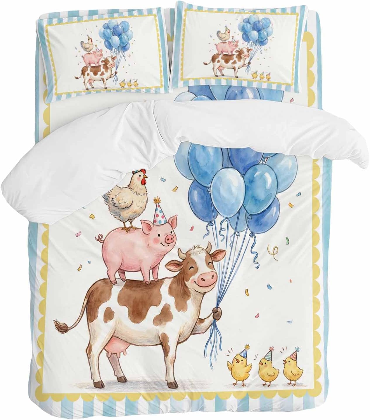 Pig Cow Duvet Cover Set Queen Size 4 Pieces Hen Chicks Blue Balloons Watercolor Animal Yellow Border Striped Bedding Set with Zipper Closure,1 Comforter Cover 90x92 Inches 1 Flat Sheet&2 Pillow Cases