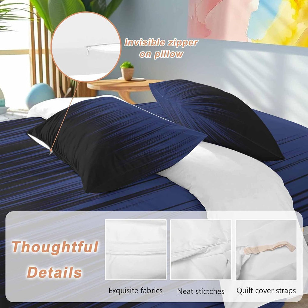 Prime Leader Navy Blue Black Ombre Duvet Cover Set Queen Size 4 Pieces Abstract Modern Lines Gradient Bedding Set with Zipper Closure, 1 Comforter Cover 90x92 Inches 1 Flat Sheet & 2 Pillow Cases