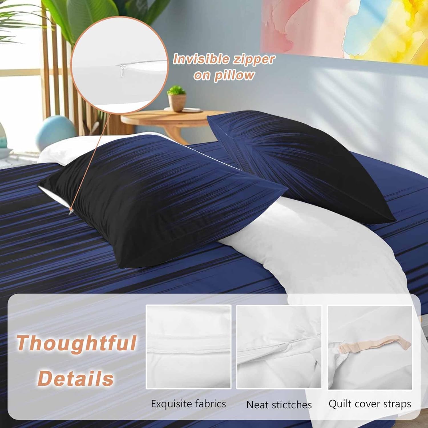 Prime Leader Navy Blue Black Ombre Duvet Cover Set Queen Size 4 Pieces Abstract Modern Lines Gradient Bedding Set with Zipper Closure, 1 Comforter Cover 90x92 Inches 1 Flat Sheet & 2 Pillow Cases
