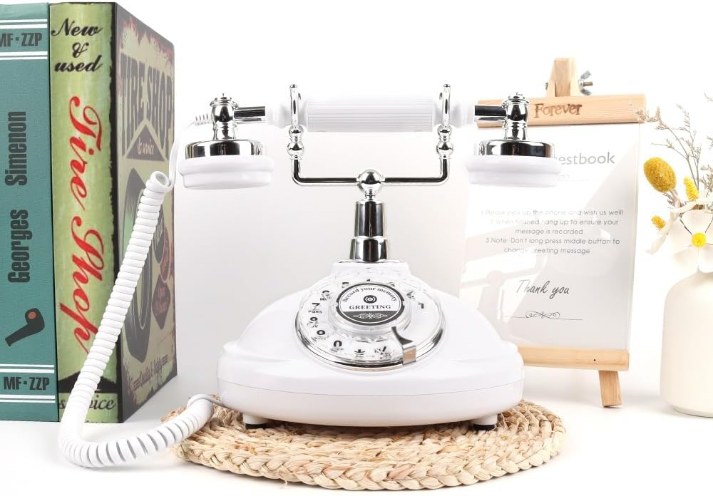 Audio Guestbook Phone with LED Light and A5 Photo Frame, Guestbook Audio Retro Phone is The Perfect Addition to Wedding Ideas or Party Notes with Custom Guest Voice Messages (Beige)