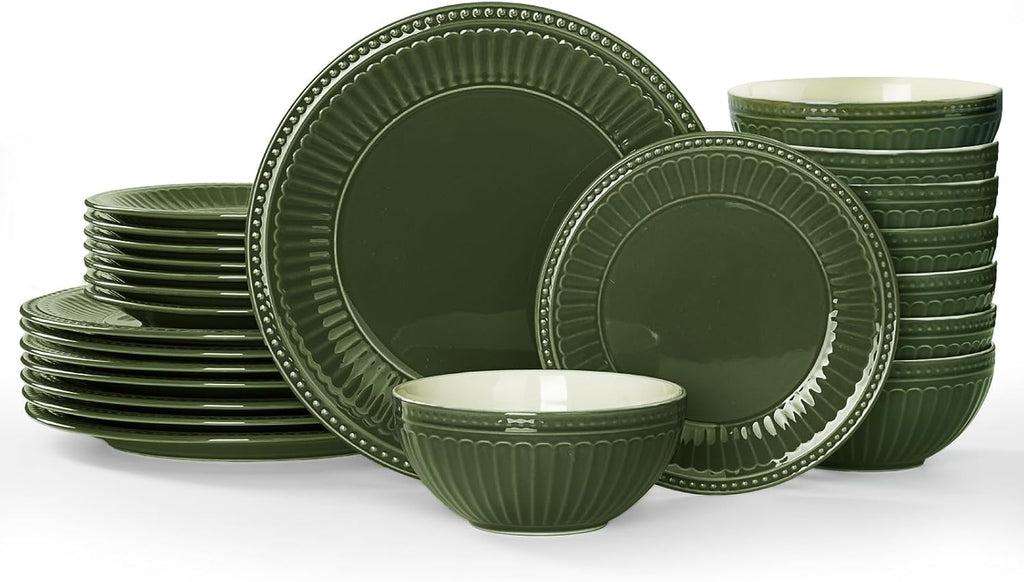 Famiware Garden 24-Piece Embossed Plates and Bowls Sets, Stoneware Reactive Glaze Dishes Dinnerware Set, Modern Rustic, Chip & Scratch Resistant, Microwave & Dishwasher Safe, Service for 8, Dark Green