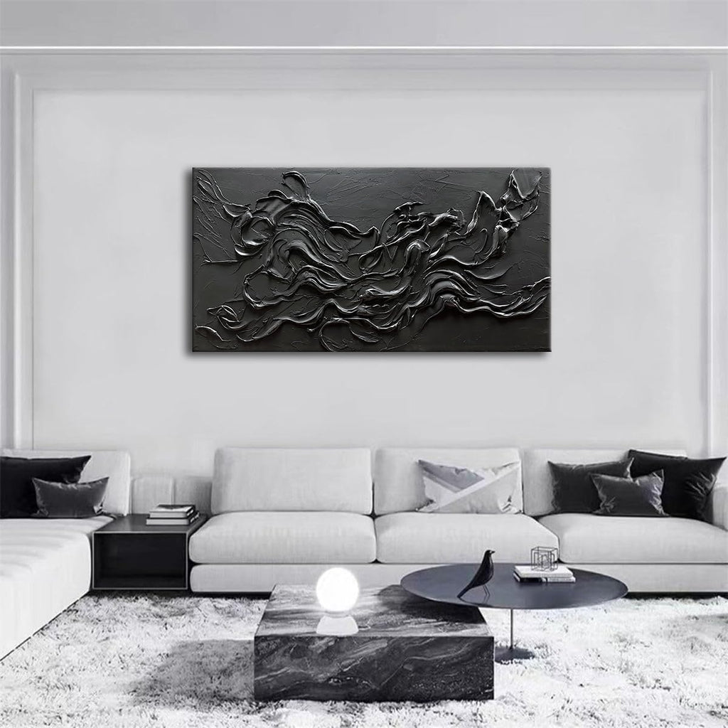 zoinart Hand Painted Large Black Wall Art 30'x60' Thick Texture Minimalist Oil Paintings Contemporary Art Oil on Canvas Abstract Textured Wall Art Pure Black Wall Art