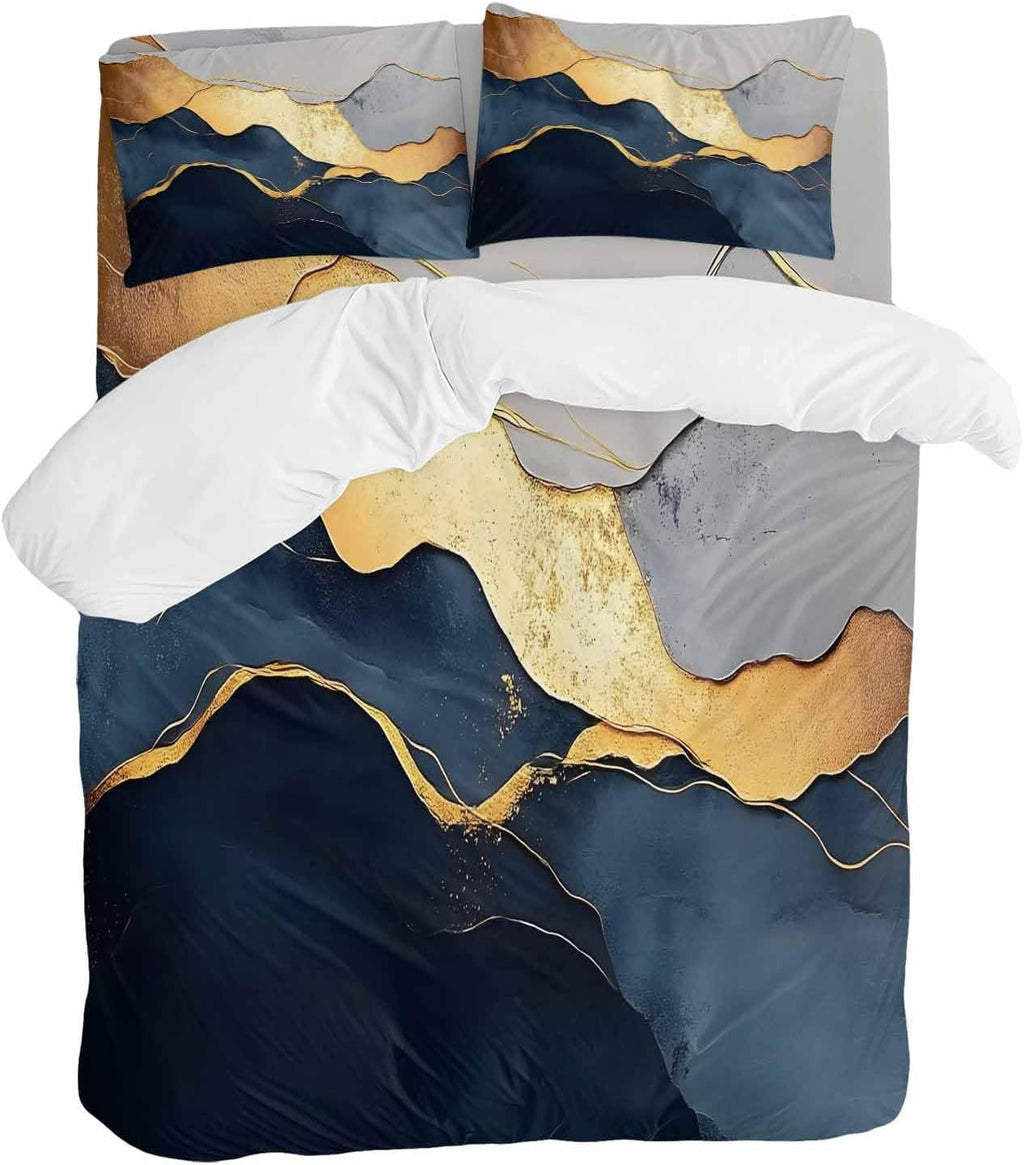 Prime Leader Abstract Impressionist Style Duvet Cover Set Queen Size 4 Pieces Gold Navy Blue Color Block Bedding Set with Zipper Closure, 1 Comforter Cover 92x106 Inches 1 Flat Sheet & 2 Pillow Cases