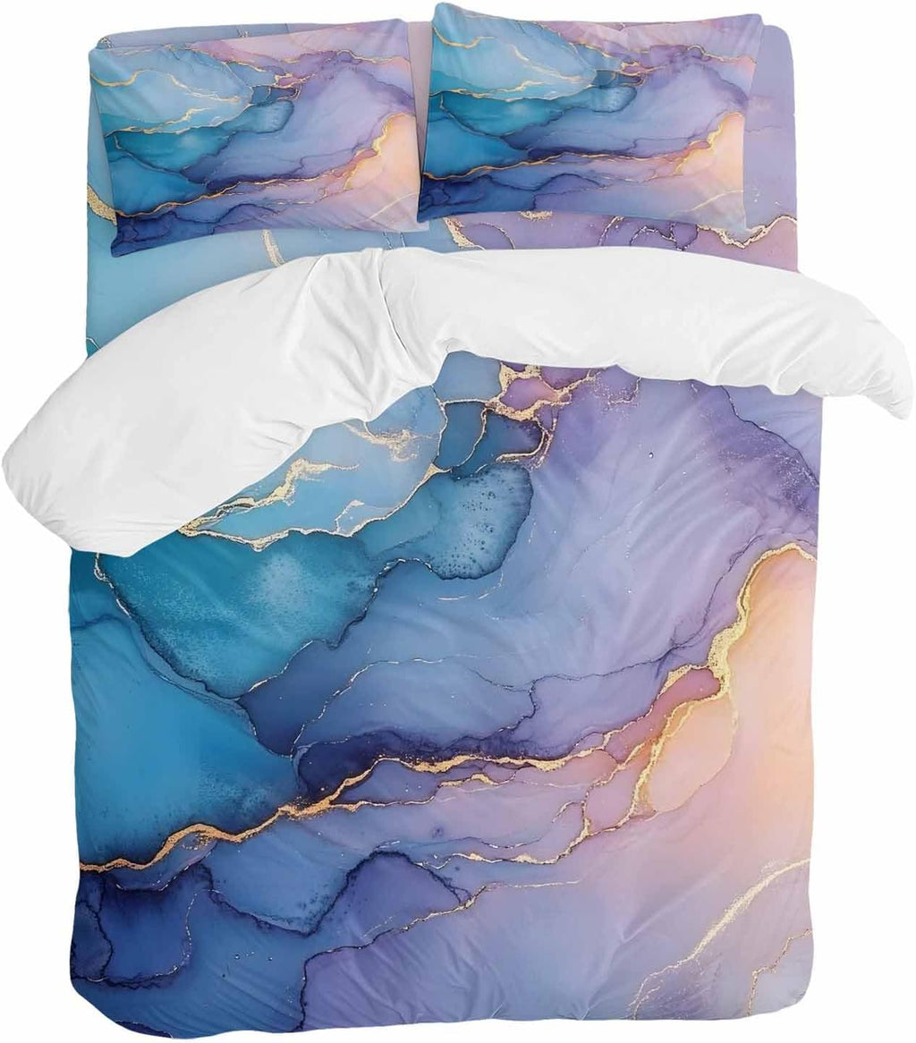 Pink Blue Marble Duvet Cover Set Queen Size 4 Pieces Abstract Marble Stone Texture Modern Style Bedding Set with Zipper Closure, 1 Comforter Cover 90x92 Inches 1 Flat Sheet & 2 Pillow Cases