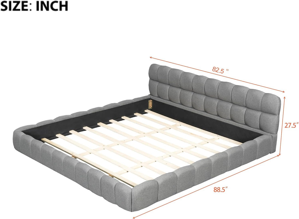 GOWE King Size Upholstered Platform Bed with Thick Fabric, Grounded Bed with Solid Frame, Gray