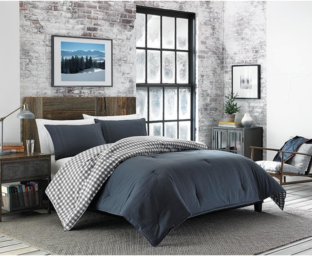 Eddie Bauer - King Comforter Set, Reversible Cotton Bedding with Matching Shams, Pre-Washed for Added Softness (Kingston Charcoal, King)