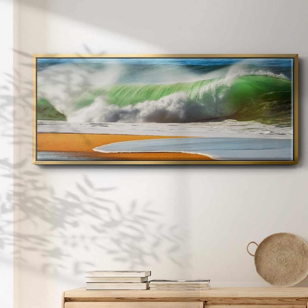Renditions Gallery Floater Framed Home Decor Green Ocean Waves Painting Canvas Wall Hangings for Office Bedroom Kitchen Lobby - 20'x50' Gold Frame LT618