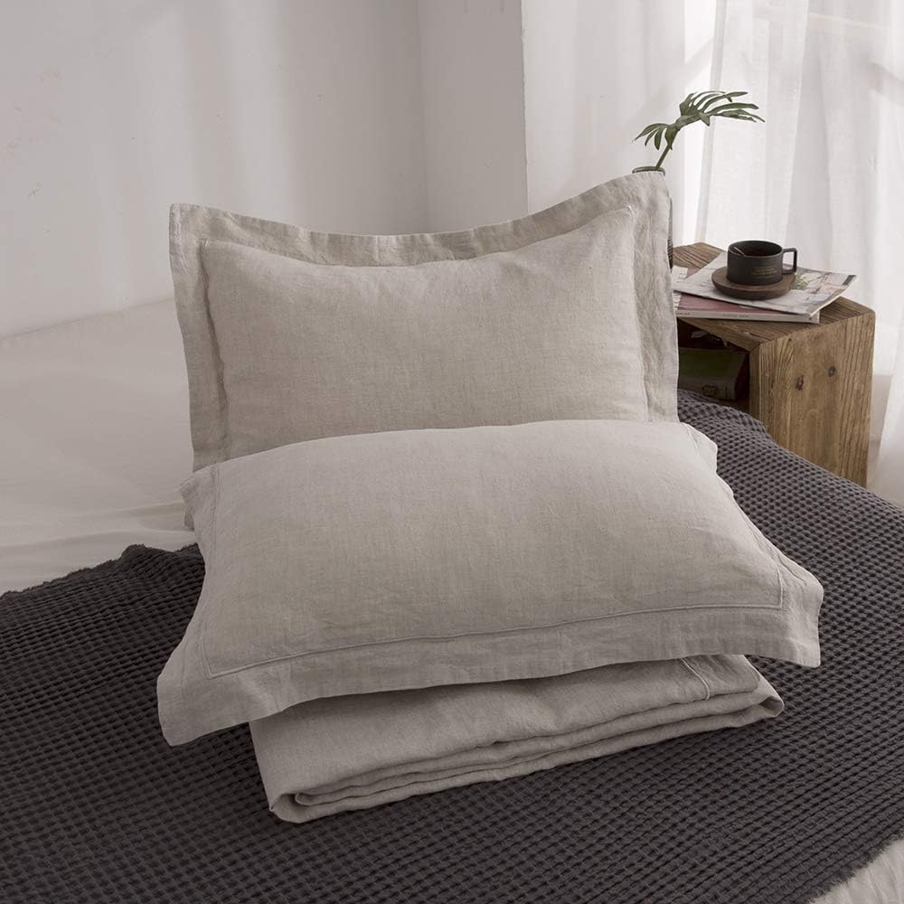 Simple&Opulence 100% French Flax Linen Duvet Cover Set with Embroidery Washed - 3 Pieces (1 Duvet Cover with 2 Pillow Shams) with Button Closure Soft Breathable Farmhouse - Linen, King Size