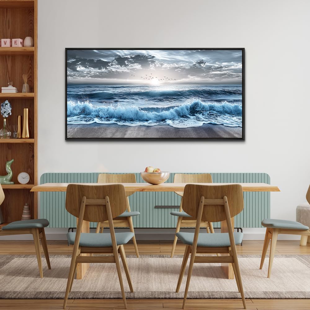 ERQINHUA Large Canvas Wall Decor For Bedroom Wall Art For Living Room Office Decor Blue Beach Sea Wave Paintings Sunrise Ocean Seascape Wall Pictures Artwork Modern Home Decor Black Frame 24x48 In