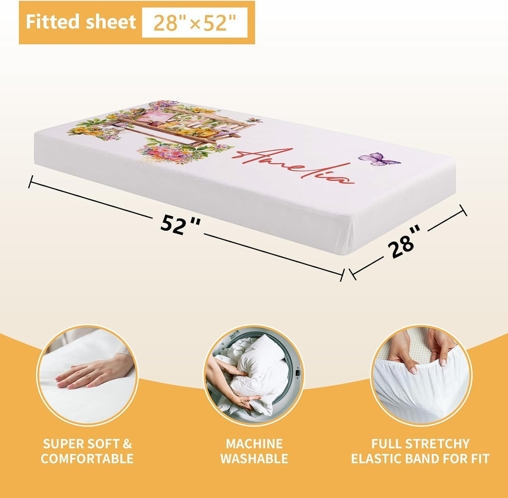 Terwex Custom Baby Crib Bedding Set, 5 Pcs Personalized Name Baby Crib Sets for Infant Toddler, Yellow Bee Nursery Bedding Set for Boy Girl, Double Layer Flannel Baby Bedding Sets Customized Gifts