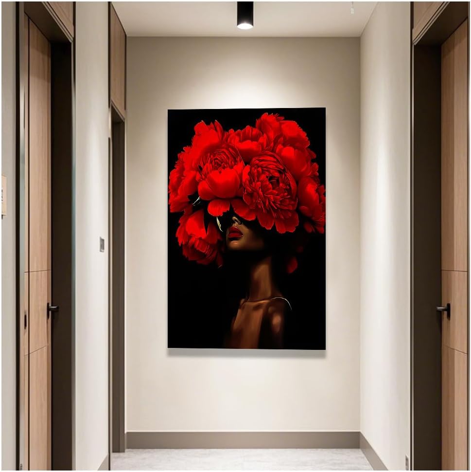 DOARTDO African American Wall Art Woman with Flowers on Head Painting Black and Red Pictures Black Women Portrait Canvas Prints Bedroom Home Decor Framed (Red, (28.00' x 42.00')