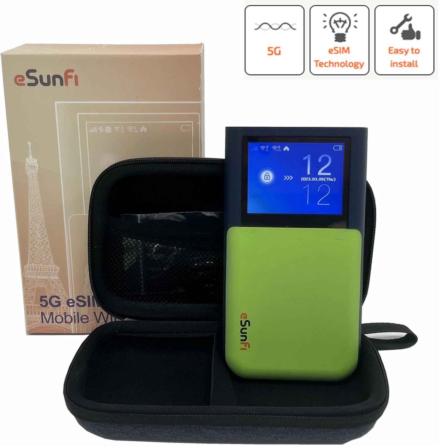 eSunFi SHFiEL62 5G eSim Mobile Hotspot Router Portable WiFi Router, with Sim Card Slot, up to 32 WiFi terminals, 2.4 inch Touch Panel, WiFi6, for Home/Business/Travel (NA Version)