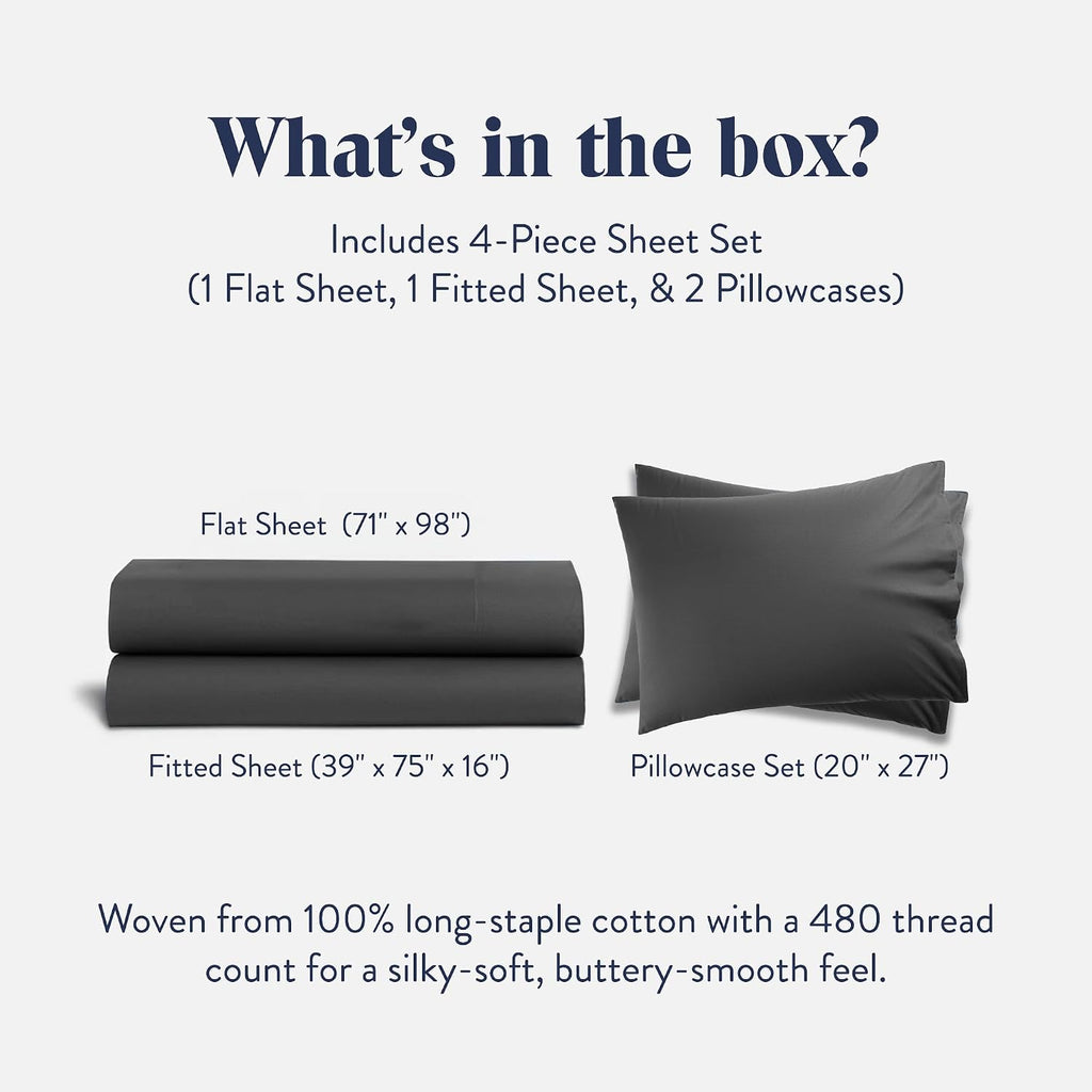 Brooklinen Luxury Sateen 4 Piece Sheet Set - 100% Cotton Bed Sheets, Soft & Durable Twin Sheets Set in Slate Grey, Oeko-TEX Certified Bedding Set, 1 Fitted Sheet, 1 Flat Sheet, 2 Pillowcases