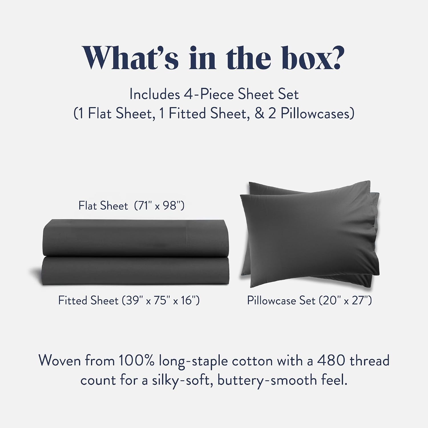 Brooklinen Luxury Sateen 4 Piece Sheet Set - 100% Cotton Bed Sheets, Soft & Durable Twin Sheets Set in Slate Grey, Oeko-TEX Certified Bedding Set, 1 Fitted Sheet, 1 Flat Sheet, 2 Pillowcases