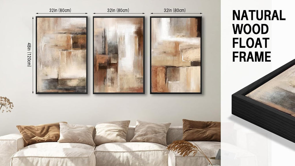 ASDCEUTICALS Large Canvas Wall Art - Brown and Beige Abstract Pictures for Living Room Vintage Wall Decor Retro Rustic Paintings Black Float Framed for Bedroom Dinning Room 32' X 48' X 3 pcs