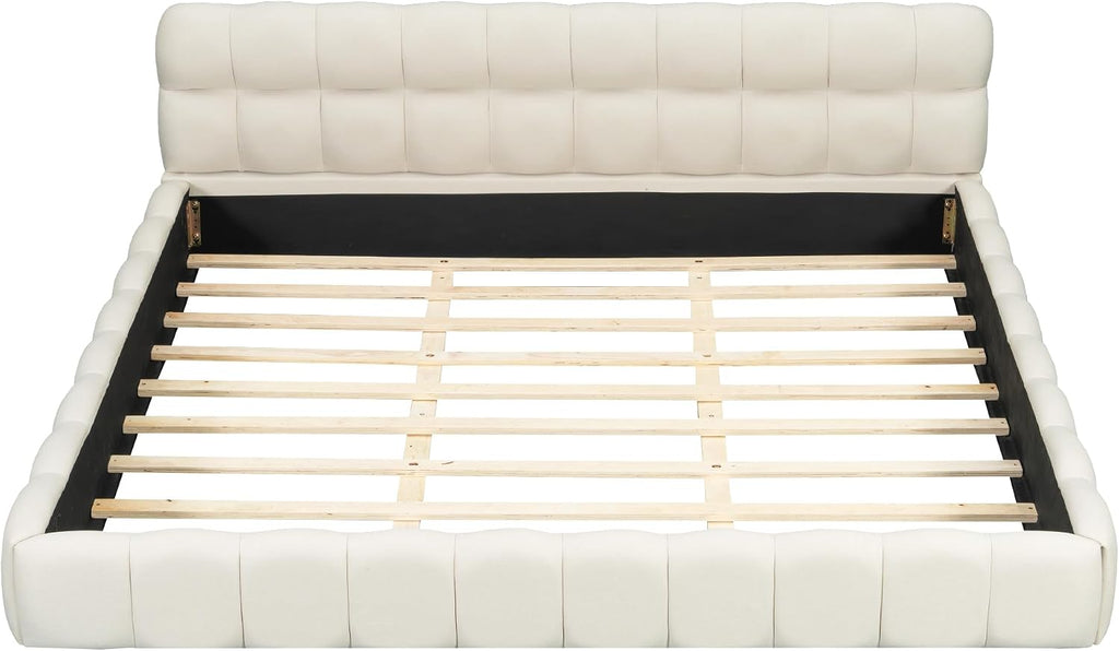 King Size Upholstered Platform Bed with Thick Fabric, Grounded Bed with Solid Frame, Beige