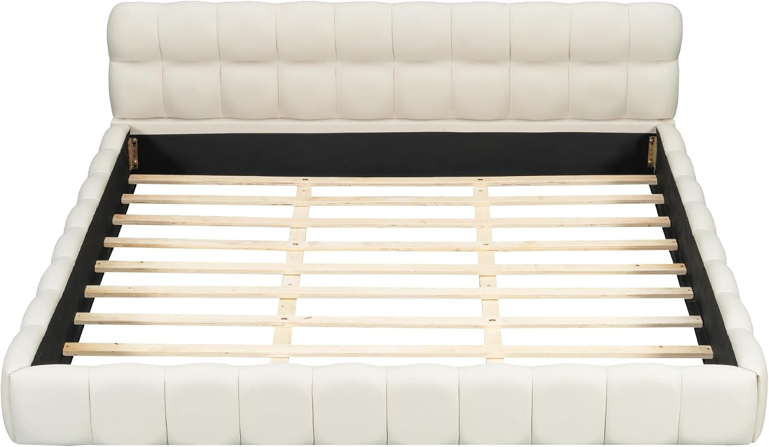 King Size Upholstered Platform Bed with Thick Fabric, Grounded Bed with Solid Frame, Beige