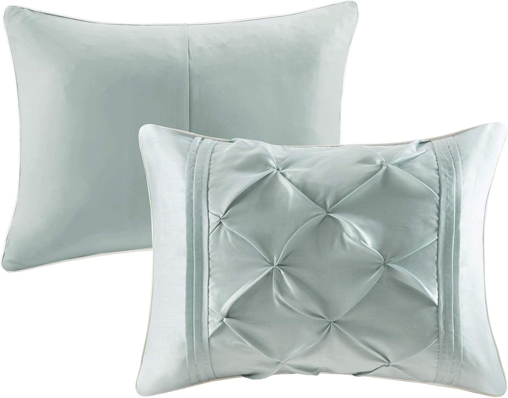 Madison Park Laurel Cal King Size Bed Comforter Set Bed In A Bag - Seafoam , Wrinkle Tufted Pleated – 7 Pieces Bedding Sets – Faux Silk Bedroom Comforters