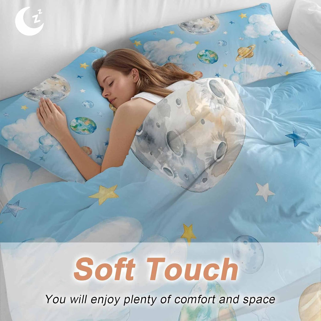 Prime Leader Planets Blue Sky Duvet Cover Set Queen Size 4 Pieces Earth Moon Yellow Star Clouds Dreamy Bedding Set with Zipper Closure, 1 Comforter Cover 90x92 Inches 1 Flat Sheet & 2 Pillow Cases