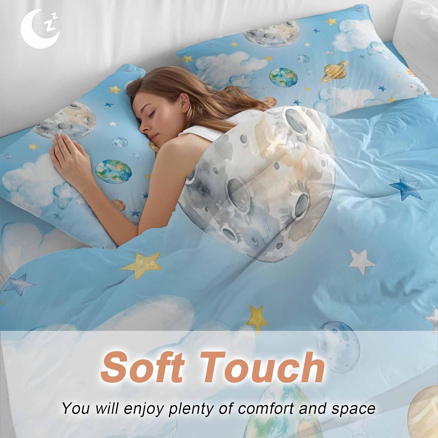 Prime Leader Planets Blue Sky Duvet Cover Set Queen Size 4 Pieces Earth Moon Yellow Star Clouds Dreamy Bedding Set with Zipper Closure, 1 Comforter Cover 90x92 Inches 1 Flat Sheet & 2 Pillow Cases