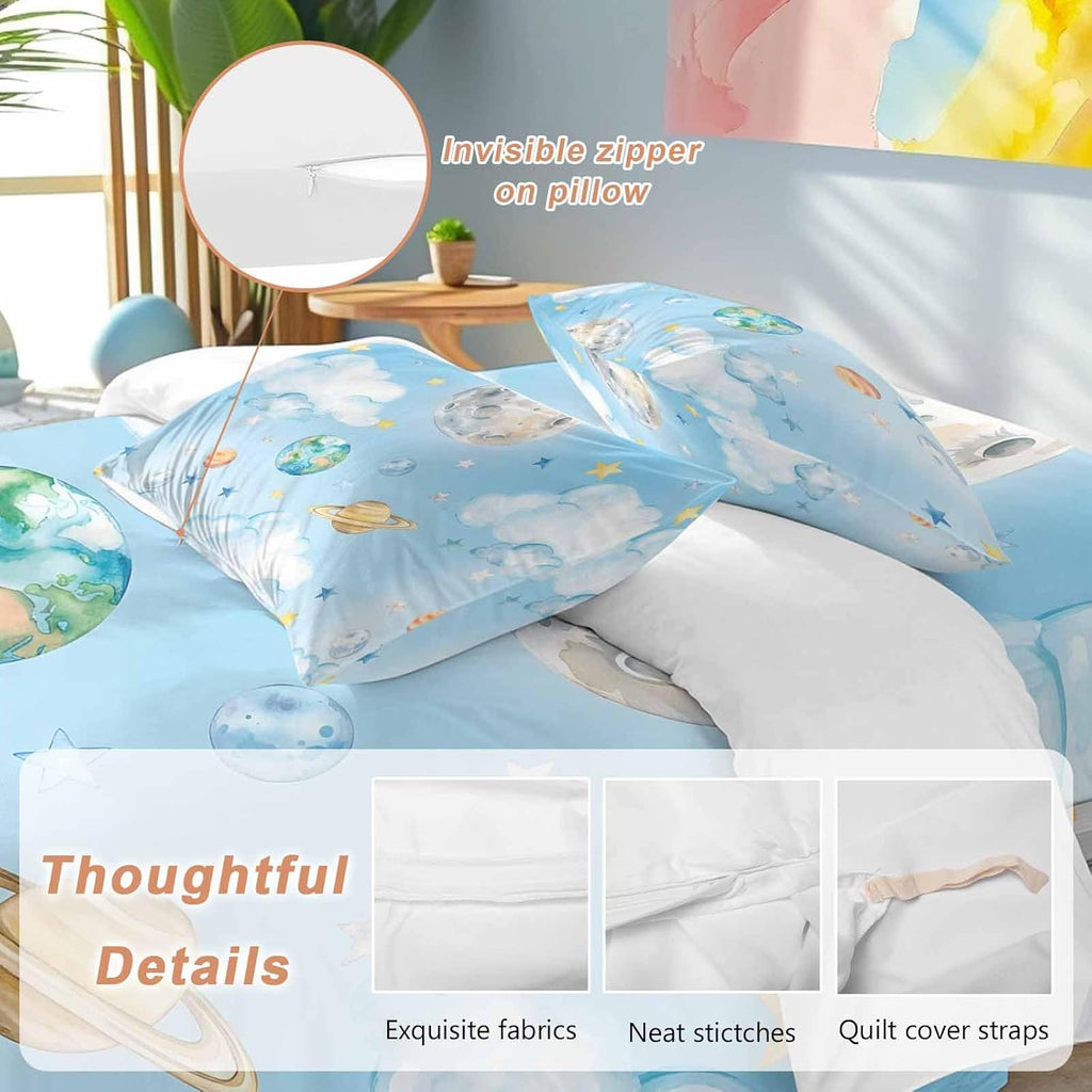 Prime Leader Planets Blue Sky Duvet Cover Set Queen Size 4 Pieces Earth Moon Yellow Star Clouds Dreamy Bedding Set with Zipper Closure, 1 Comforter Cover 90x92 Inches 1 Flat Sheet & 2 Pillow Cases