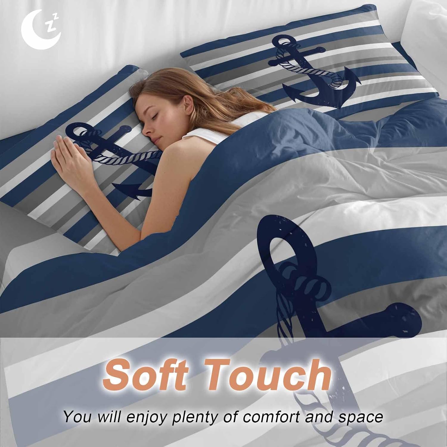Nautical Anchor Duvet Cover Set Queen Size 4 Pieces Navy Blue Grey Stripe Modern Simplistic Striped Bedding Set with Zipper Closure, 1 Comforter Cover 90x92 Inches 1 Flat Sheet & 2 Pillow Cases