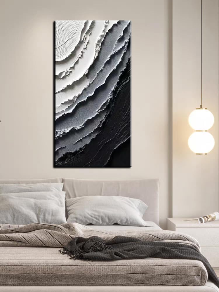 YaSheng Art -Canvas Wall Art Handmade Art Modern Abstract Wall Art, Black and White Gradient Canvas Paintings, Large Vertical Wall Art for Living Room Bedroom Office Wall Decor , 24x48inch Ready to Hang