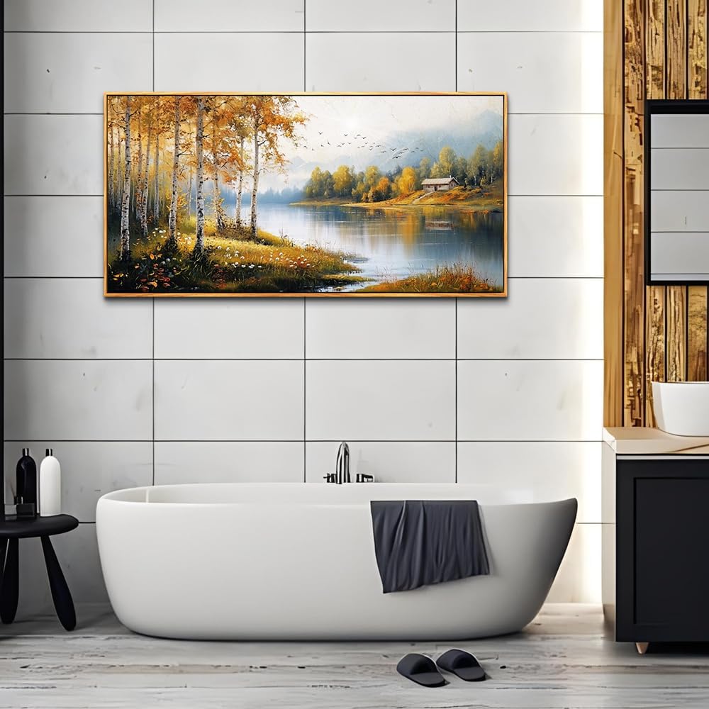 ERQINHUA Large Canvas Wood Framed Wall Art Living Room Wall Decor For Bedroom Forest Landscape Painting Lakeside Watercolour Wall Pictures Artwork Picture Office Farmhouse Home Decorations 24x48 In