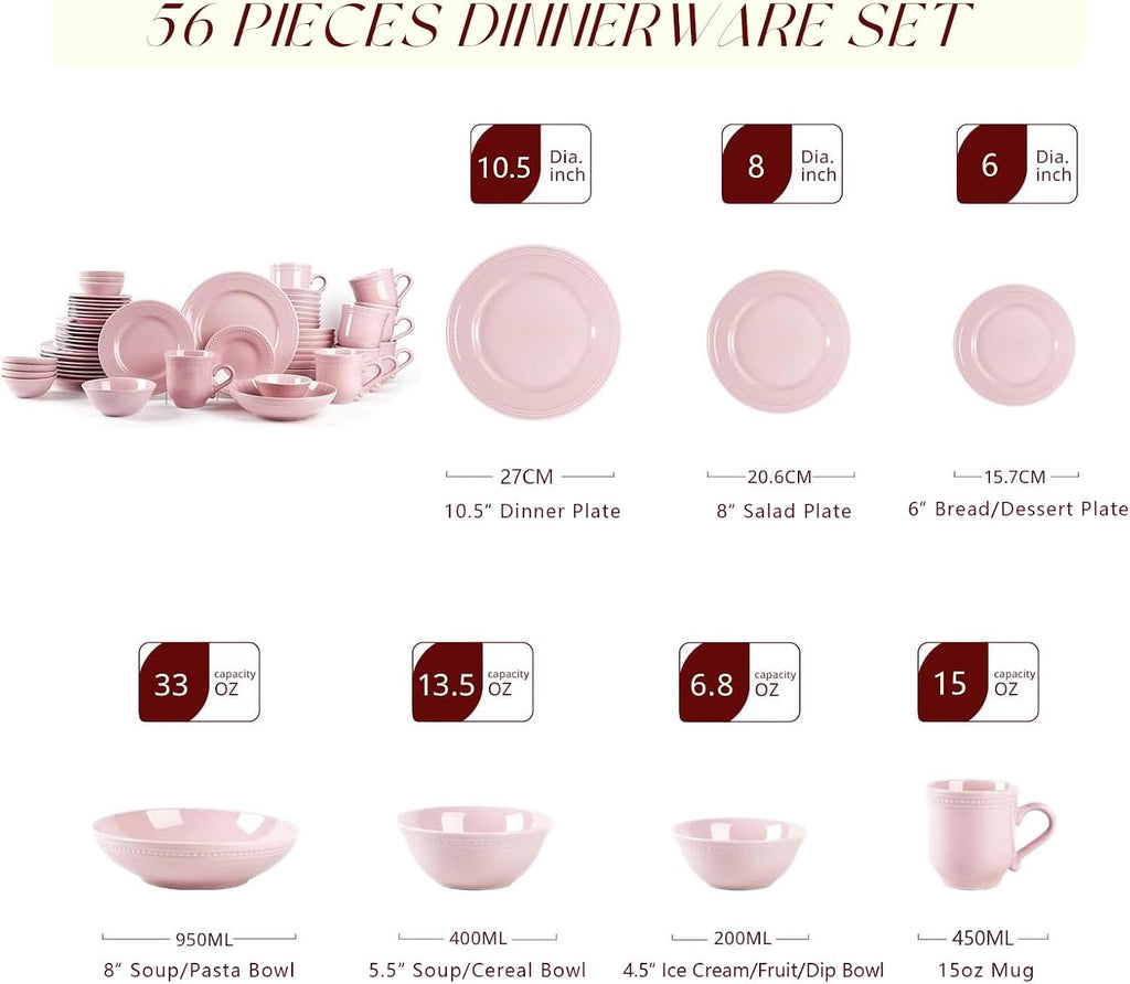 Pearl Dots Stoneware Dinnerware Set (56pc Set, Pink)