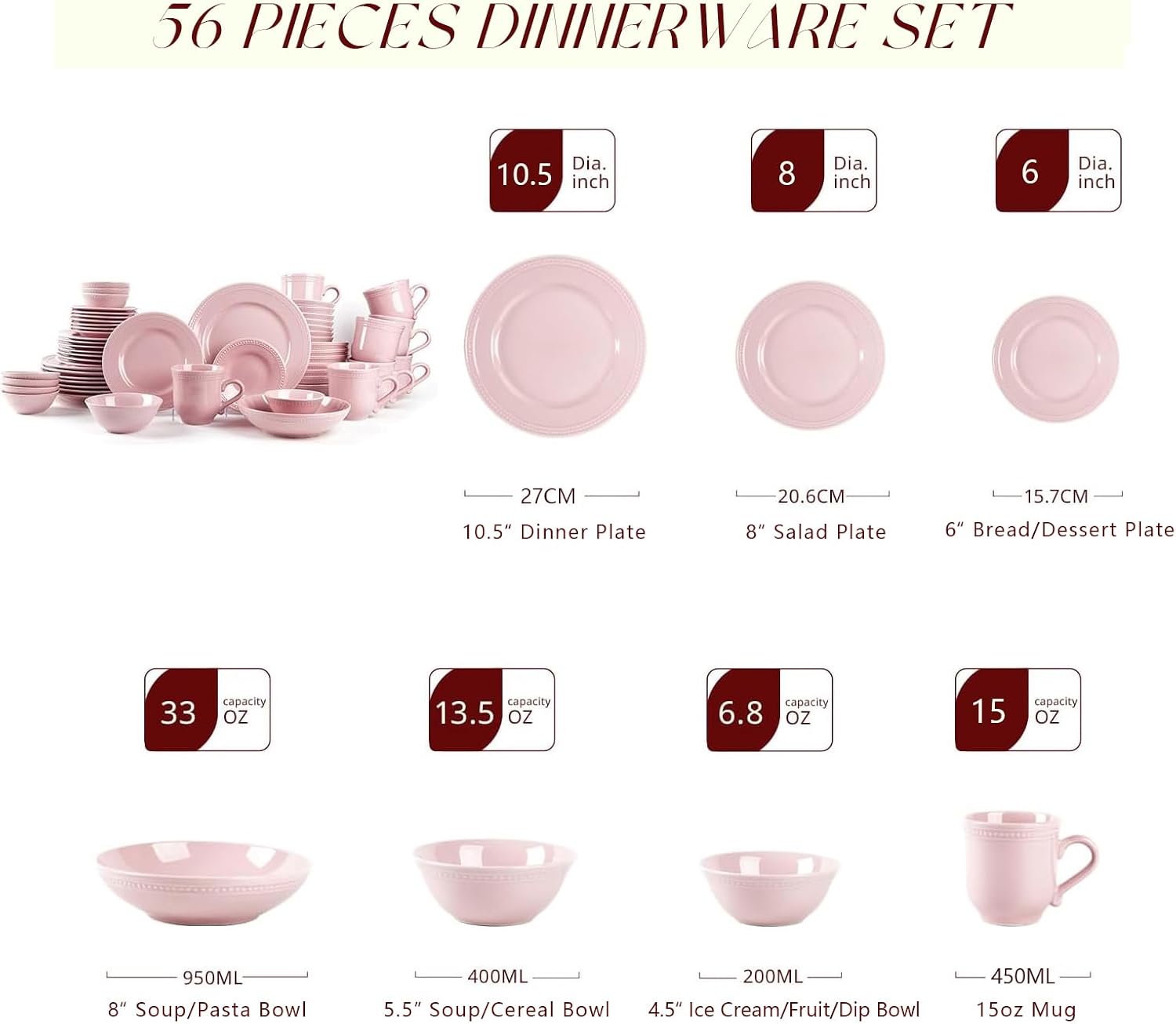 Pearl Dots Stoneware Dinnerware Set (56pc Set, Pink)