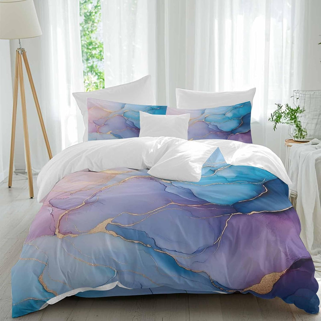 Prime Leader Abstract Impressionist Duvet Cover Set Queen Size 4 Pieces Blue Marble Texture Bedding Set with Zipper Closure, 1 Comforter Cover 86x86 Inches 1 Flat Sheet & 2 Pillow Cases