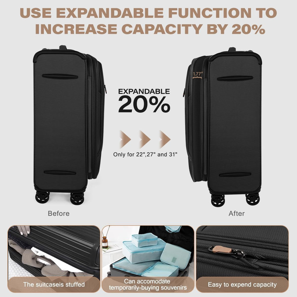 Luggage Sets 3 Piece,Suitcases with Wheels Hardshell,Softside Luggage Set,Foldie Travel Bag Expandable,Charcoal Material w/Tsa LOCK & Double Spinner Wheels(20in/26in/28in)Black,XJ-1907