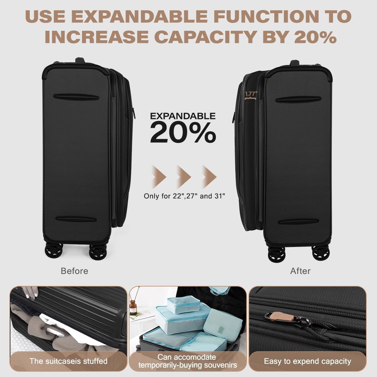 Luggage Sets 3 Piece,Suitcases with Wheels Hardshell,Softside Luggage Set,Foldie Travel Bag Expandable,Charcoal Material w/Tsa LOCK & Double Spinner Wheels(20in/26in/28in)Black,XJ-1907