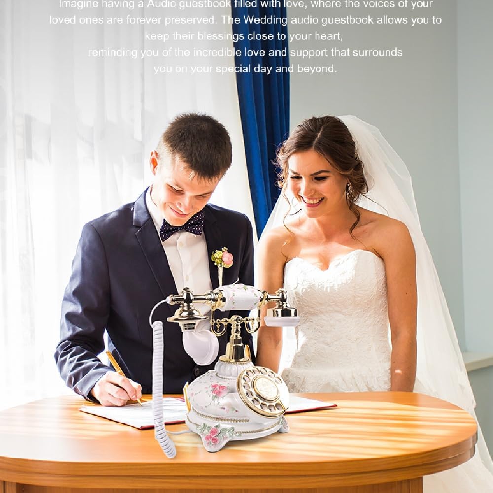 Audio Guestbook Telephone with Free LED Wedding Sign, Wedding Classic Retro Craftsmanship Wedding Audio Guestbook (White)