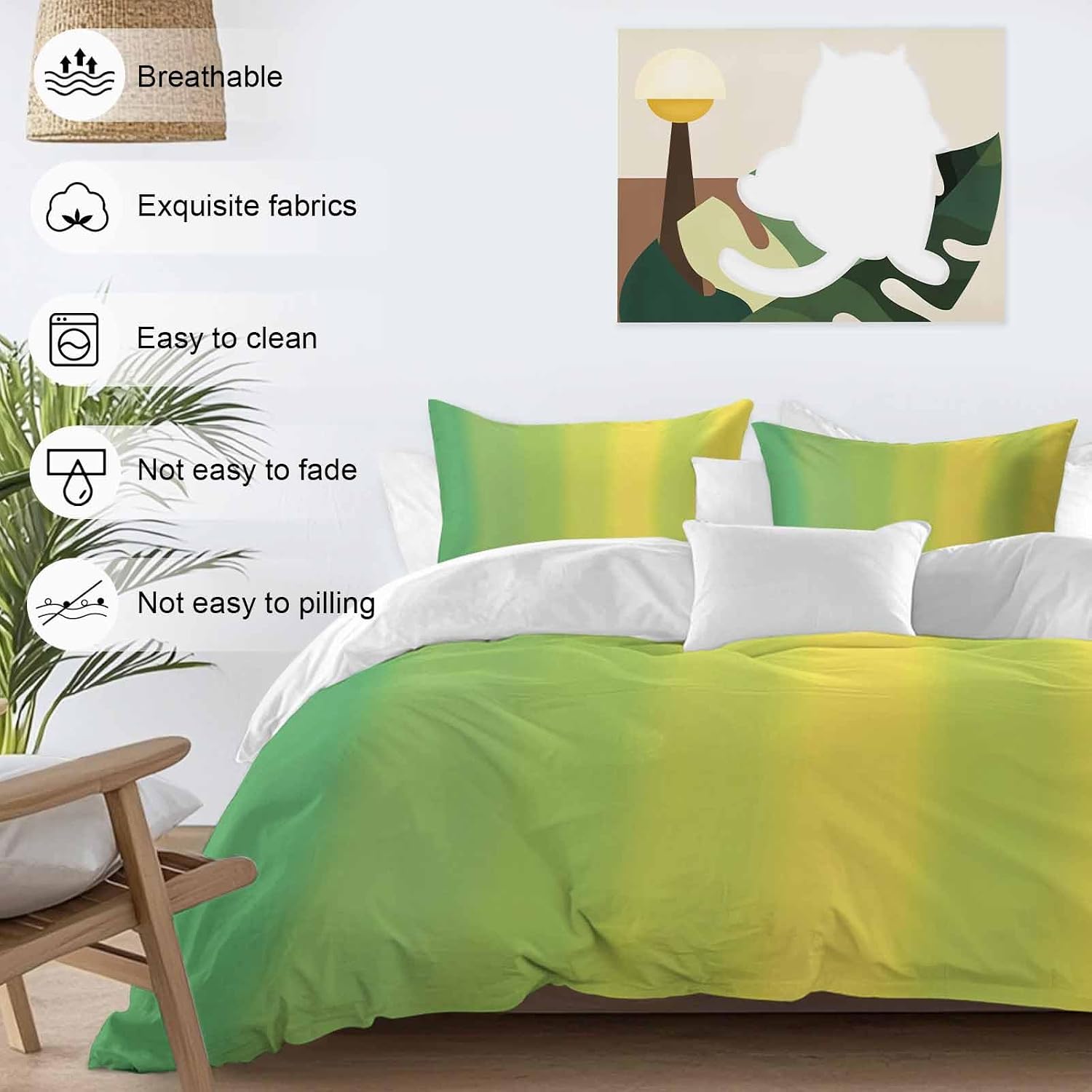 Green and Yellow Ombre Duvet Cover Set Queen Size 4 Pieces Minimalist Gradient Striped Texture Bedding Set with Zipper Closure, 1 Comforter Cover 90x92 Inches 1 Flat Sheet & 2 Pillow Cases