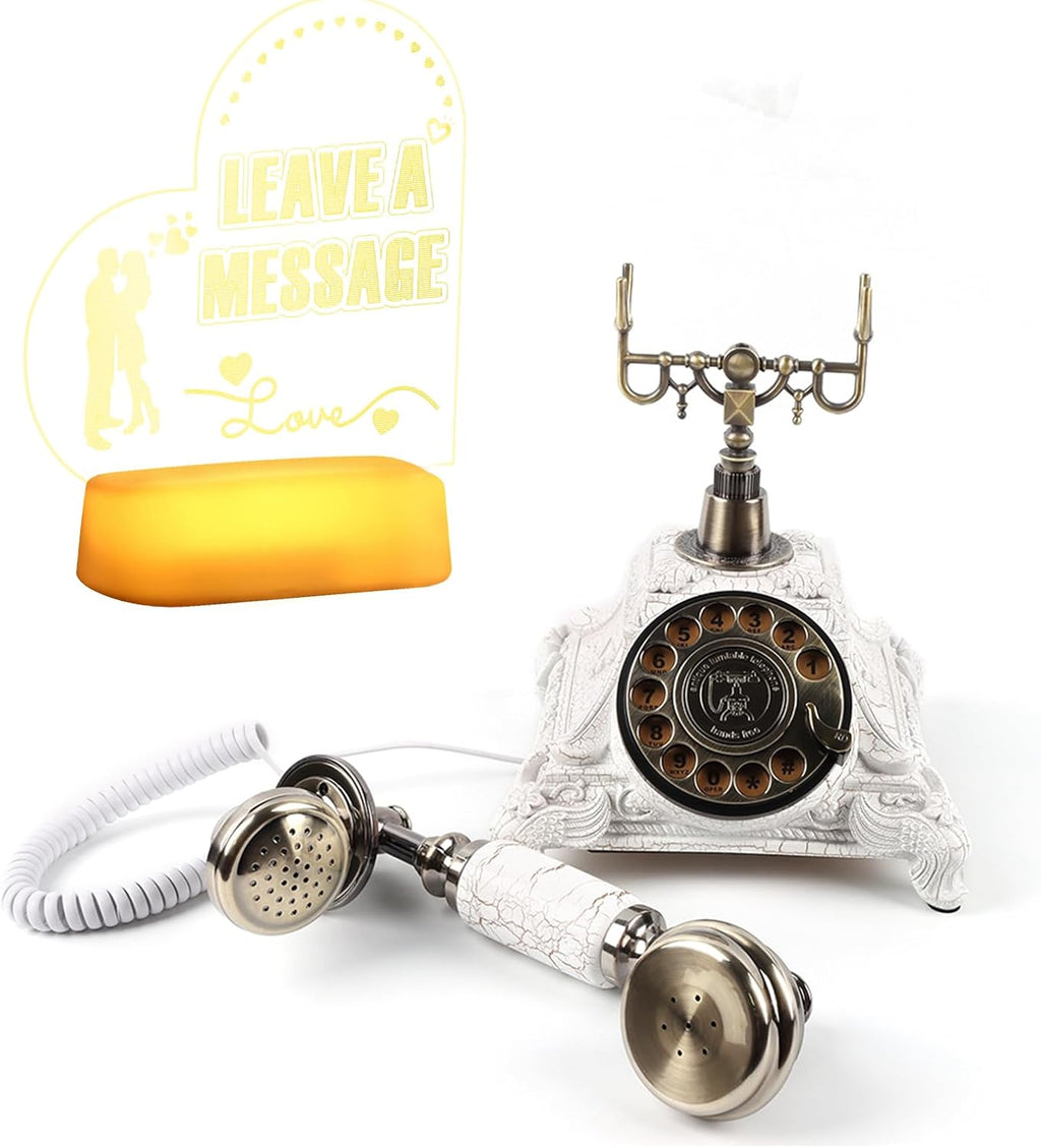 Premium Classic Retro Style Wedding MessageBook Audio Phone with Free LED Sign,European Old Fashioned Luxry Antique Audio Guestbook Desk Decoration Telephone for Birthday Parties (White)