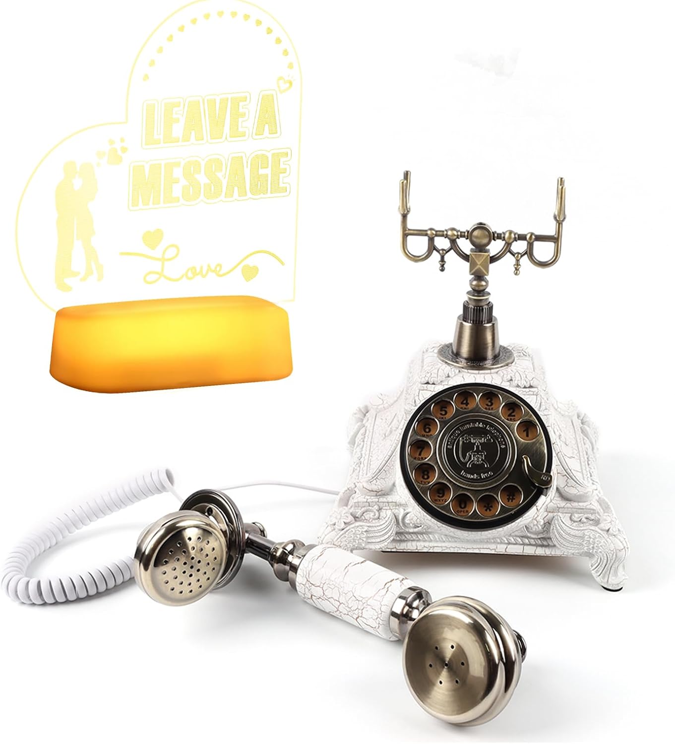 Premium Classic Retro Style Wedding MessageBook Audio Phone with Free LED Sign,European Old Fashioned Luxry Antique Audio Guestbook Desk Decoration Telephone for Birthday Parties (White)