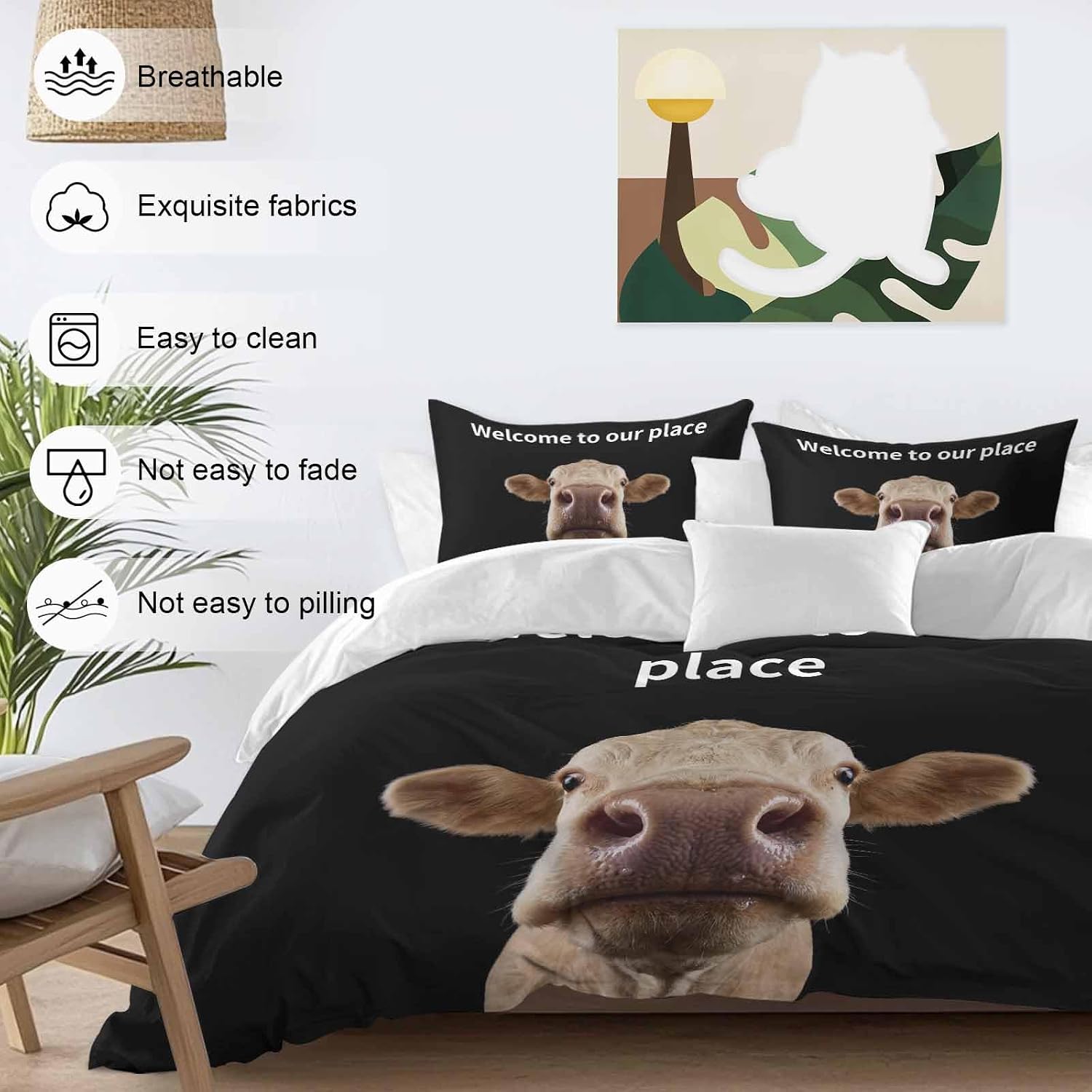 Prime Leader Funny Cow Duvet Cover Set Queen Size 4 Pieces Welcome to Our Place Abstract Animal Bedding Set with Zipper Closure, 1 Comforter Cover 92x106 Inches 1 Flat Sheet & 2 Pillow Cases