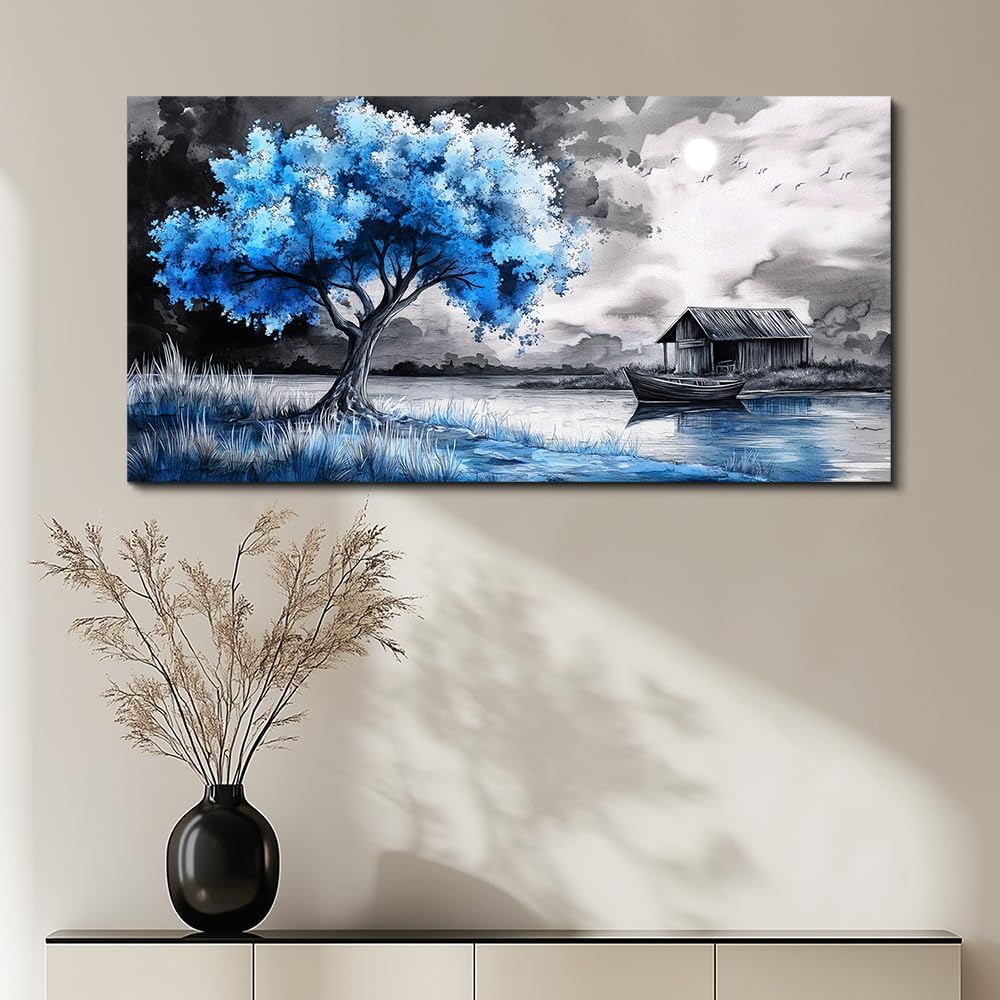 PHAOHUAXM Large Wall Art For Living Room Blue Wall Decor For Bedroom Black White And Blue Trees Wall Pictures Restaurant Office Frame Printing Canvas Large Artwork Modern Home Decoration 30x60 in