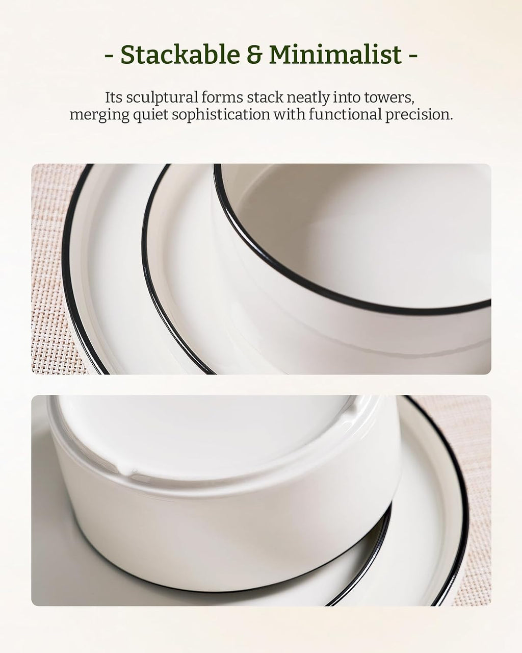 Famiware Porcelain Dinnerware Set, 24-Piece Modern Plate and Bowl Set, dish set for 8, Microwave and Dishwasher Safe Tableware, White with Black Trim