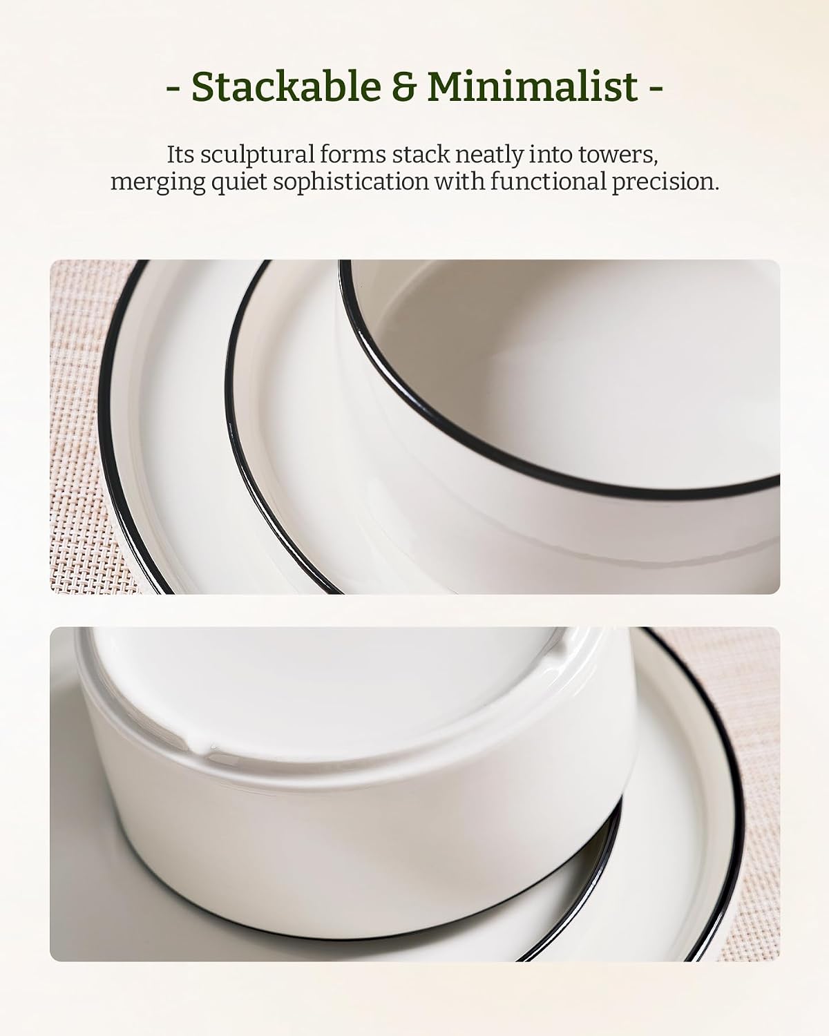 Famiware Porcelain Dinnerware Set, 24-Piece Modern Plate and Bowl Set, dish set for 8, Microwave and Dishwasher Safe Tableware, White with Black Trim