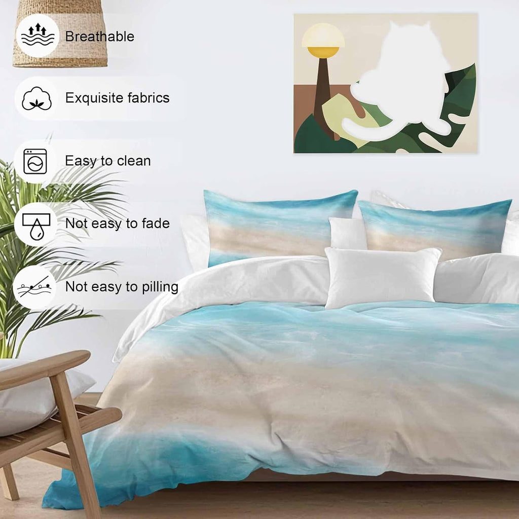 Summer Beach Duvet Cover Set Queen Size 4 Pieces Blue Gradient Ocean Wave Beige Sand Abstract Bedding Set with Zipper Closure, 1 Comforter Cover 90x92 Inches 1 Flat Sheet & 2 Pillow Cases
