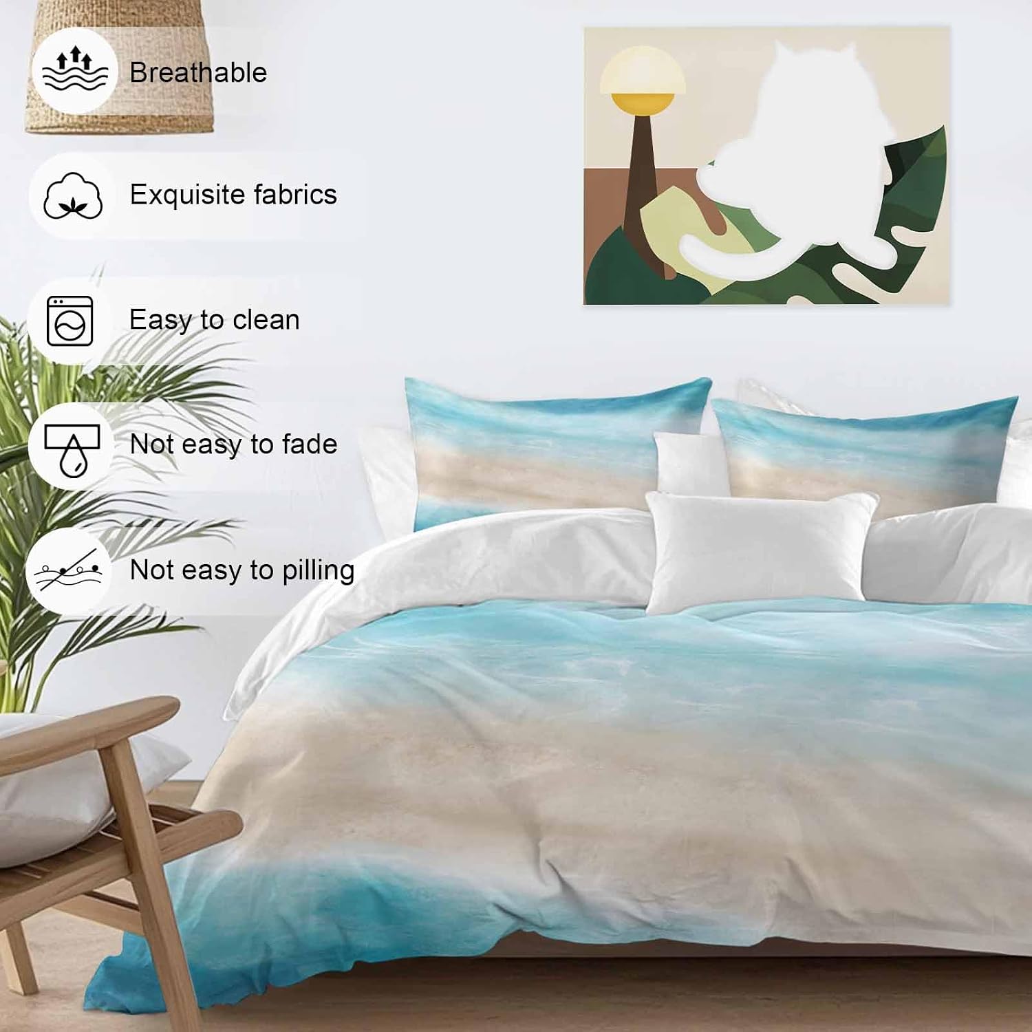 Summer Beach Duvet Cover Set Queen Size 4 Pieces Blue Gradient Ocean Wave Beige Sand Abstract Bedding Set with Zipper Closure, 1 Comforter Cover 90x92 Inches 1 Flat Sheet & 2 Pillow Cases